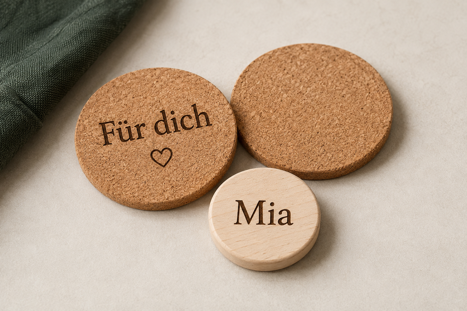 Gestaltungsideen: Korkuntersetzer mit Für dich und Herz sowie eine Holzscheibe mit dem Namen Mia